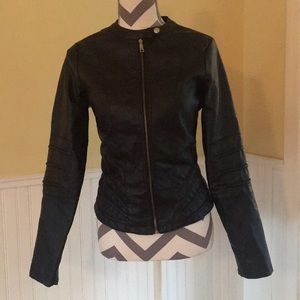 Vegan Faux Black Leather Moto Zippered Jacket - M